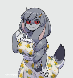 accessory anthro braided_hair braided_ponytail clothing dress female flower fur grey_body grey_fur grey_hair hair hair_accessory hairclip long_tail looking_at_viewer plant ponytail red_sclera smile solo tail murninatair jund_(smugjund) canid canine canis hybrid lagomorph leporid mammal rabbit wolf hi_res