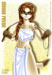 2002 anthro biped brown_hair clothed clothing copyright_symbol digital_media_(artwork) female green_eyes hair long_hair mammal marvi_lim mustelid musteline seductive sienna_revan simple_background skimpy solo standing symbol tail tattoo text true_musteline weasel whip