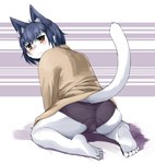 5_toes anthro balls_outline blue_hair blush brown_eyes bulge clothing detailed_bulge embarrassed feet femboy fur genital_outline hair happy kneeling looking_back male overweight overweight_male raised_tail soles solo spread_legs spreading tail toes topwear underwear white_body white_fur nana_(artist) domestic_cat felid feline felis mammal 2018 japanese_description