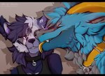 anthro blue_body blue_fur collar duo female feral fur grey_body grey_fur horn male male/female tongue yellow_horn yellow_tongue korka mythology trik_(flufferderg) canid canine dragon furred_dragon furred_scalie mammal mythological_creature mythological_scalie scalie