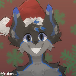 anthro blue_eyes blue_inner_ear blue_markings christmas_clothing christmas_headwear clothing fur fur_markings grey_body grey_ears grey_fur hat headgear headwear holidays inner_ear_fluff looking_at_viewer male markings pattern_background red_background santa_hat simple_background smile solo tuft white_inner_ear_fluff christmas canid canine canis mammal wolf 1:1 headshot_portrait icon portrait watermark