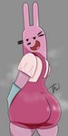 anthro big_butt black_eyes black_nose blue_clothing blue_gloves blue_handwear butt clothing eyelashes female fur glistening glistening_nose gloves grey_background hand_on_hip handwear huge_butt long_ears looking_at_butt looking_back open_mouth open_smile overalls pink_body pink_clothing pink_ears pink_fur pink_overalls pink_tongue rear_view shirt simple_background smile solo thick_thighs tongue topwear white_clothing white_shirt white_topwear wide_hips thael wow!_wow!_wubbzy! widget lagomorph leporid mammal rabbit absurd_res hi_res