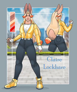anthro black_bottomwear black_clothing black_pants blonde_hair boots bottomwear brown_body brown_fur clothing female fingerless_gloves footwear fur gloves grey_background hair handwear highlights_(coloring) jacket looking_at_viewer orange_highlights pants rear_view red_eyes shirt shoes simple_background solo standing topwear white_clothing white_shirt white_topwear yellow_boots yellow_clothing yellow_footwear yellow_jacket_(clothing) yellow_topwear lunar-haven-studios claire_lockhare_(chrislshack1998) lagomorph leporid mammal rabbit hi_res model_sheet