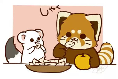 ambiguous_gender apple biped brown_body brown_fur chibi duo eating eyes_closed feral food fruit fur plant text white_body white_fur shi_nominmin ailurid mammal mustelid musteline red_panda stoat true_musteline weasel 2020 3:2 animated japanese_text no_sound short_playtime video