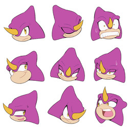 angry annoyed anthro bodily_fluids determined embarrassed facial_horn happy head_only horn male open_mouth pink_tongue scared serious serious_face simple_background smile solo sweat sweatdrop tongue veeloopz sega sonic_the_hedgehog_(series) espio_the_chameleon chameleon lizard reptile scalie 1:1 expression_sheet hi_res