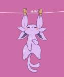 5:6 ambiguous_gender blush chibi clothes_pin eeveelution espeon eyes_closed fastener feral floppy_ears forehead_gem fur gem generation_2_pokemon nintendo nude pin_(fastener) pink_background pink_body pink_fur pokemon pokemon_(species) simple_background solo suspension wolfwithwing
