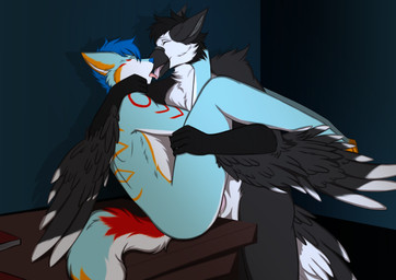 anal anal_penetration anthro black_hair blue_hair desk duo eyes_closed feathers fur fur_markings furniture genitals hair holding_partner kissing legs_around_partner male male/male markings multicolored_body multicolored_fur on_desk passionate penetration penis pink_penis table tail tail_feathers kareza falcon_woodwere phoenix_(character) arctic_wolf avian bird canid canine canis corvid corvus_(genus) crow mammal oscine passerine pied_crow wolf absurd_res hi_res