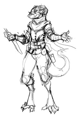 ambiguous_gender claws clothed clothing dagger digitigrade half-closed_eyes horn melee_weapon narrowed_eyes open_mouth smile solo spread_arms weapon guoh kobold scalie 2018 digital_drawing_(artwork) digital_media_(artwork) hi_res monochrome sketch