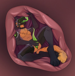 4_toes claws eyes_closed feet fluffy fluffy_tail genitals green_eyes green_penis green_tongue hand_on_penis inside_stomach intersex machine masturbating_prey masturbation masturbation_inside_body masturbation_inside_stomach open_mouth penis protogen_visor protogen_visor_maw simple_background solo tail tapering_penis text toe_claws toes tongue tongue_out vore naha_draw talith_(lightningdergsoul) humanoid protogen artist_name hi_res