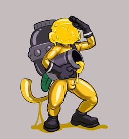 anthro backpack balls_outline bound bulge clothing detailed_bulge encasement genital_outline gesture glistening glistening_body glistening_clothing glistening_thighs gloves glue glue_covered goo_drip hair handwear holding_object latex latex_clothing latex_skinsuit male penis_outline salute simple_background skinsuit slime solo tail tight_clothing yellow_latex owy bloons_tower_defense ninja_kiwi glue_gunner haplorhine mammal monkey primate hi_res