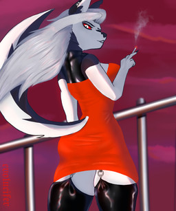 anthro cigarette cigarette_smoke clothing dress female latex latex_clothing latex_legwear legwear smoke smoking smoking_cigarette solo evolucifer hellaverse helluva_boss mythology loona_(helluva_boss) canid canid_demon canine canis demon hellhound mammal mythological_canine mythological_creature wolf 5:6 absurd_res hi_res