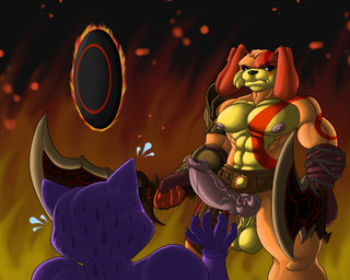 abs animal_genitalia animal_penis anthro balls blade bodily_fluids bottomwear button_prompt canine_genitalia canine_penis circle_button clothing cosplay duo genital_fluids genitals knot loincloth male male/male muscular nipples nude pecs penis precum vein wolfgerlion64 circle_prompt_(god_of_war) god_of_war mob_entertainment playstation poppy_playtime smiling_critters sony_corporation sony_interactive_entertainment catnap_(poppy_playtime) dogday_(poppy_playtime) canid canine canis domestic_cat domestic_dog felid feline felis mammal absurd_res hi_res