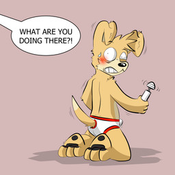 blush blush_lines bodily_fluids briefs clothing dripping erection erection_under_clothing interrupted interrupted_masturbation kneeling male sex_toy simple_background solo speech_bubble sweat sweatdrop teeth tenting text underwear wet wet_clothing yellow_body conditional_dnp tinnier canid canine canis domestic_dog mammal english_text hi_res