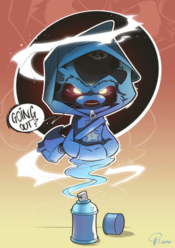 anthro bag clothing dialogue front_view glowing glowing_eyes hand_in_pocket hat headgear headwear hoodie looking_at_viewer male pockets simple_background solo spray_can text topwear zipper jonas_sonne genie mammal procyonid raccoon 2016 digital_media_(artwork) english_text hi_res