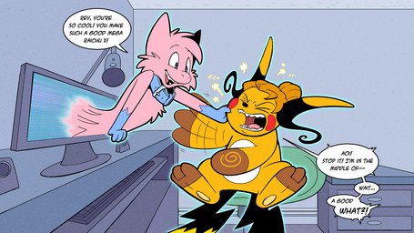after_transformation blue_collar chair cheek_pinch cheek_spots collar computer_keyboard computer_monitor desk dialogue duo fur furniture implied_transformation pink_body pink_fur psychic_powers speech_bubble table text transformation yellow_body yellow_fur trevor-fox nintendo pokemon electric_spark generation_1_pokemon generation_9_pokemon legendary_pokemon mega_evolution mega_raichu mega_raichu_x mew_(pokemon) pokemon_(species) 16:9 english_text hi_res widescreen