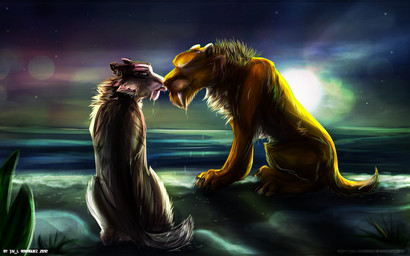 aurora_(phenomenon) digitigrade duo fangs female feral intimate kissing licking light male male/female moon mooning moonlight night outside quadruped romantic romantic_ambiance romantic_couple sabertooth_(anatomy) sea shore sky star starry_sky sun sunlight sunrise sunset tail teeth text tongue tongue_out twilight water tai_l_rodriguez blue_sky_studios ice_age_(series) diego_(ice_age) shira_(ice_age) felid mammal prehistoric_species saber-toothed_tiger 16:10 color_contrast hi_res url wallpaper widescreen