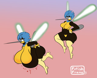 anthro back_wings bedroom_eyes belly big_belly big_breasts big_butt breasts butt clothing eyelashes facial_horn female flying footwear high_heels horn huge_breasts inflation insect_wings liquid long_eyelashes looking_at_viewer narrowed_eyes nose_horn overweight seductive shoes solo spread_wings stinger wings fetishframe arthropod fly_(animal) insect mosquito 5:4 hi_res