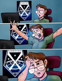 brown_hair chair computer_monitor eyes_closed eyewear furniture glasses hair human_only inside male not_furry open_mouth solo naga_(artist) x-com human mammal comic hi_res