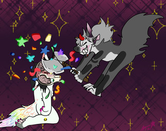ambiguous_gender anthro axe battle_axe candy_gore confetti death duo gore grin jumping killing kneeling smile sparklefur sparkles axxelroze axxel_(axxelroze) themis_(mallikathesatanist) canid canine canis domestic_dog mammal zeuclid hi_res