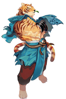 anthro barefoot bottomwear clothed clothing feet fur green_eyes male markings orange_body orange_fur simple_background solo striped_body striped_fur striped_markings striped_tail stripes tail tail_markings white_background unknown_artist sdorica pang_(sdorica) felid mammal pantherine tiger 2018 source_request