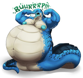 anthro apode belly big_belly blue_body burping flexing flexing_bicep flexing_both_biceps huge_belly legless male musclegut muscular muscular_arms navel open_mouth serpentine sharp_teeth solo tan_body teeth takesu draconcopode naga reptile scalie snake