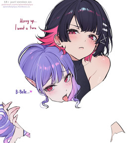 accessory bare_shoulders barely_visible_genitalia barely_visible_vulva black_clothing black_hair black_shirt black_topwear blush blush_lines clothing cunnilingus dialogue duo_focus ear_piercing fangs female female_pov first_person_view genitals glistening glistening_body glistening_hair glistening_skin group hair hair_accessory hair_size_difference hairclip hand_on_another's_leg hand_on_another's_thigh hand_on_leg hand_on_thigh humanoid_pointy_ears long_hair long_nails looking_at_viewer mole_under_eye negative_space not_furry oral piercing pink_eyes pointy_ears purple_hair red_eyes sex shirt short_hair sidelocks spread_legs spreading talking_to_viewer teeth text tongue tongue_out topwear trio vaginal vulva waiting waiting_for_turn qiandaiyiyu mihoyo negative_space_oral_(meme) zenless_zone_zero ellen_joe vivian_banshee elf human humanoid mammal vampire digital_drawing_(artwork) digital_media_(artwork) english_text hi_res meme url