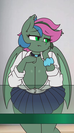 anthro bat_wings bedroom_eyes big_breasts blue_hair blush bottomwear bouncing_breasts breasts butt_jiggle clothing fangs female first_person_view green_body green_eyes hair jewelry jiggling looking_at_viewer membrane_(anatomy) membranous_wings multicolored_hair narrowed_eyes necklace pink_hair school_uniform scrunchie seductive simple_background simple_coloring skirt solo teeth temptation tempting thick_thighs uniform wings thecoldsbarn hasbro my_little_pony fan_character bat_pony equid equine mammal 9:16 animated hi_res no_sound short_playtime video widescreen