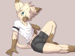 2021 anthro arm_support balls_outline bent_leg black_nose blonde_hair blue_eyes blush bottomwear bulge cheek_tuft claws clothed clothing clothing_lift cute_fangs detailed_bulge dipstick_ears dipstick_tail domestic_cat facial_tuft felid feline felis front_view fur genital_outline gloves_(marking) hair hair_over_eye hi_res leg_markings looking_at_viewer male mammal markings multicolored_ears navel one_eye_obstructed penis_outline pinup portrait pose reclining ricky945 seductive shirt shirt_lift shorts simple_background sitting smile socks_(marking) solo spandex spandex_shorts t-shirt tail tail_markings tan_background tan_body tan_fur tight_bottomwear tight_clothing tight_shorts tongue tongue_out topwear tuft white_claws white_clothing white_shirt white_t-shirt white_topwear