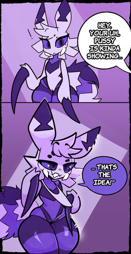 anthro clothed clothing clothing_lift dialogue female genitals shirt shirt_lift solo teeth text topwear corruptedcryptid bra_strap_showing_(meme) seide arachnid arthropod spider absurd_res comic english_text hi_res meme