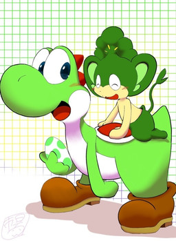 abstract_background ambiguous_gender belly big_eyes big_head blush boots clothing duo egg feral footwear green_body looking_back mitten_hands on_top open_mouth riding shoes simple_background size_difference smile straddling tailbutt toony white_belly yoshi_egg m@rt mario_bros nintendo pokemon dinosaur generation_5_pokemon green_yoshi haplorhine mammal monkey pansage pokemon_(species) prehistoric_species primate reptile scalie theropod yoshi crossover