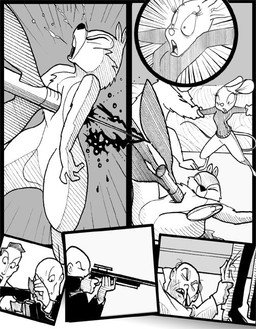 abdominal_impalement anthro blood blood_puddle blood_splatter bodily_fluids bottomless bottomless_female breasts clothed clothing constricted_pupils dart dying female frown group gun impalement leg_grab male pupils ranged_weapon reloading rifle severe_wound shocked small_pupils stabbed_through suit sweater topwear turtleneck violence weapon chris_fischer chip_'n_dale_rescue_rangers disney chip_(disney) gadget_hackwrench chipmunk ground_squirrel mammal mouse murid murine rodent sciurid