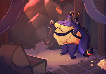 anthro belly big_belly big_breasts bracelet breasts breath cave clothed clothing female fire gold_(metal) gold_jewelry horn huge_thighs jewelry necklace obese obese_anthro obese_female orange_eyes overweight overweight_anthro overweight_female purple_body purple_scales royalty scales solo tail thick_tail thick_thighs treasure_hoard wings evkemart mythology senna_(systemfailure) dragon mythological_creature mythological_scalie scalie hi_res