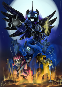 anthro anthrofied armor black_body black_fur blue_body blue_eyes blue_fur blue_hair brown_hair crown cutie_mark electric_guitar electronics eyes_closed facial_hair feathered_wings feathers female fire fur group guitar hair headgear helmet horn male mask microphone microphone_stand moon musical_instrument mustache open_mouth pink_body pink_fur pink_hair plucked_string_instrument purple_hair singing string_instrument supermoon tail tiara wings yellow_body yellow_fur atryl friendship_is_magic hasbro my_little_pony mythology nightmare_moon_(mlp) pinkie_pie_(mlp) princess_luna_(mlp) earth_pony equid equine horse mammal mythological_creature mythological_equine pony winged_unicorn 2012 digital_media_(artwork) hi_res