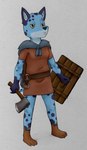 anthro axe barefoot biped black_markings black_nose black_spots blue_body claws clothed clothing dirty dirty_feet eyebrow_scar eyebrows facial_scar feet female front_view fur_cloak gloves_(marking) holding_axe holding_object holding_shield inner_ear_fluff markings multicolored_body plantigrade scar shield shirt simple_background solo spots spotted_body standing toe_claws topwear tuft tunic two_tone_body weapon white_body young young_anthro animew canid canine canis domestic_dog mammal 2023 hi_res