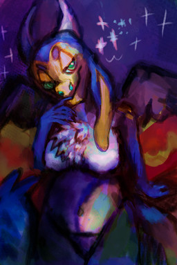 anthro black_body black_feathers black_wings blue_body blue_ears blue_fur breasts cat_tail chest_tuft feathered_wings feathers female floppy_ears fur green_eyes half-closed_eyes hand_to_face head_tilt horn long_ears lop_ears narrowed_eyes red_body red_feathers simple_background smile smirk solo tail thick_thighs tuft white_body white_fur wings yellow_body yellow_face yellow_feathers yellow_inner_ear pinatareaper mythology dragon feathered_dragon feathered_scalie mythological_creature mythological_scalie scalie 2:3 absurd_res clip_studio_paint_(artwork) digital_drawing_(artwork) digital_media_(artwork) digital_painting_(artwork) hi_res painting_(artwork) shaded