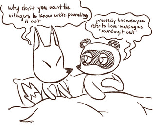 anthro bedding belly blanket chibi duo humor male male/male pillow slightly_chubby text jadeyarts animal_crossing nintendo crazy_redd tom_nook_(animal_crossing) canid canine fox mammal raccoon_dog tanuki 2020 english_text