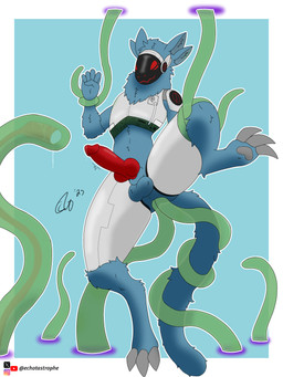3_toes 4_ears anal anal_penetration animal_genitalia animal_penis anthro armor balls blue_background blue_body blue_fur canine_genitalia canine_penis feet fur genitals imminent_sex knot knotted_penis long_tail machine male mane markings motherboard multi_ear nude outline penetration penis portal red_markings restrained restrained_by_tentacles sex sheath simple_background solo tail tentacle_in_ass tentacle_penetration tentacle_sex tentacles toes tuft echotastrophe mammal protogen 2025 3:4 absurd_res hi_res shaded simple_shading
