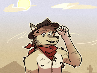 anthro armpit_hair black_nose blue_eyes body_hair chest_hair clothed clothing cloud cowboy cowboy_hat desert fur fuzzy hat headgear headwear kerchief looking_at_viewer male neckerchief neckwear red_kerchief red_neckerchief simple_background smile solo stubble tan_body tan_fur tipping_hat topless mikeyswag13 dakota_asbury canid canine canis coyote mammal absurd_res hi_res