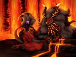 detailed_background fur holding_object holding_orb lava leaning legendary_pal_sphere looking_at_viewer mane pal_sphere reclining red_body red_fur sitting tail tail_tuft tuft volcano yellow_eyes ammylin palworld pocketpair blazamut pal_(species) 4:3 full-length_portrait hi_res portrait shaded soft_shading