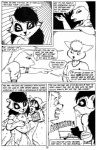 anthro black_and_white comic cynthia_(jmh) desiree_(jmh) dialogue domestic_cat english_text felid feline felis female group interspecies james_m_hardiman lizard male mammal monochrome pen_(artwork) procyonid raccoon reptile scalie simple_background text tom_(jmh) traditional_media_(artwork) ups_and_downs white_background