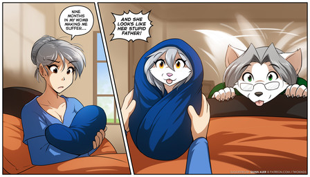 2_panel_comic 5_fingers aged_down anthro bed biped blep border breasts claws cleavage clothed clothed_anthro clothed_female clothed_human clothed_humanoid clothed_male clothing dialogue eyewear female fingers first_person_view front_view fur furniture glasses grey_hair group hair holding_baby humor inside linked_speech_bubble looking_at_viewer lying male mature_anthro mature_male neonate on_bed smile speech_bubble tail tail_motion tailwag text three-quarter_view tongue tongue_out trio under_covers white_body white_border white_fur young young_anthro conditional_dnp tom_fischbach nine_months_in_my_womb_making_me_suffer twokinds euchre mary_silverlock raine_silverlock canid canine canis human humanoid keidran mammal wolf 2026 7:4 comic digital_drawing_(artwork) digital_media_(artwork) english_text hi_res meme multiple_scenes url daughter_(lore) father_(lore) father_and_child_(lore) father_and_daughter_(lore) mother_(lore) mother_and_child_(lore) mother_and_daughter_(lore) mother_and_father_(lore) parent_(lore) parent_and_child_(lore) parent_and_daughter_(lore)