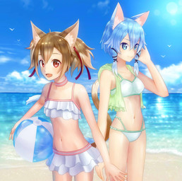 5_fingers ambient_silhouette ball beach beach_ball bikini bikini_skirt blue_body blue_eyes blue_fur blue_hair breasts brown_body brown_fur brown_hair clothed clothing cloud detailed_background duo_focus ear_tuft female fingers flat_chested fur group hair holding_ball holding_object inflatable looking_at_viewer navel open_mouth outside pool_toy red_eyes sand sea seaside short_hair silhouette simple_background sky small_breasts smile sun swimwear tuft two-piece_swimsuit water white_body white_fur meri_(artist) sword_art_online keiko_ayano shino_asada ambient_bird ambient_flier animal_humanoid avian bird cat_humanoid domestic_cat felid felid_humanoid feline feline_humanoid felis humanoid mammal mammal_humanoid 2017