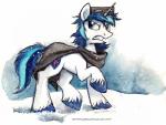 2014 blue_eyes blue_hair cloak clothing cutie_mark equid equine feral friendship_is_magic hair hasbro horn kenket male mammal mask messy_hair multicolored_hair my_little_pony mythological_creature mythological_equine mythology outside scarf shining_armor_(mlp) snow snowing solo sophiecabra text traditional_media_(artwork) unicorn url