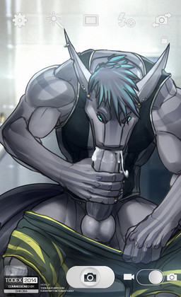 autofellatio balls big_penis blue_eyes bodily_fluids bottomwear bottomwear_down camera_view clothed clothing cum cum_in_mouth cum_in_own_mouth cum_in_self cum_inside cum_on_self ear_piercing genital_fluids genitals grey_body humanoid_genitalia humanoid_penis male masturbation muscular muscular_male oral oral_masturbation pants pants_down partially_clothed penile penile_masturbation penis piercing shorts solo text todex aquatic fish shark hi_res url watermark