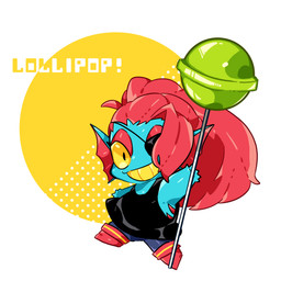 blue_body blue_skin boots candy chibi clothing dessert ear_fins eye_patch eyewear female fin food footwear hair hair_over_eye lollipop looking_at_viewer one_eye_obstructed ponytail red_hair shoes solo teeth yellow_sclera yellow_teeth nuba_ball undertale undertale_(series) undyne animal_humanoid aquatic aquatic_humanoid fish fish_humanoid humanoid absurd_res hi_res