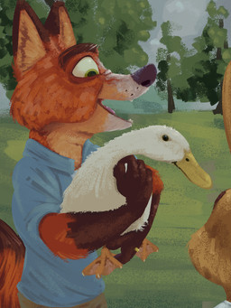 aged_up ambiguous_gender anthro blue_clothing blue_shirt blue_topwear carrying_another clothing detailed_background digit_ring feathers gloves_(marking) green_eyes inner_ear_fluff jewelry male markings mature_male multicolored_body open_mouth plant ring shirt topwear tree tuft wedding_ring white_body white_feathers conditional_dnp tangerine_(artist) disney zootopia nick_wilde anatid anseriform avian bird canid canine duck fox lagomorph leporid mammal rabbit red_fox true_fox 2023 3:4 digital_media_(artwork) digital_painting_(artwork) hi_res painting_(artwork)