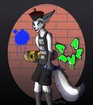 alternative_fashion anthro arm_tuft black_clothing blue_eyes bottomwear brick_wall calf_tuft cargo_shorts cheek_tuft clothed clothing collarbone dipstick_ears dipstick_tail ear_markings ear_piercing ear_tuft facial_markings facial_tuft fur fur_markings gloves_(marking) graffiti hair head_markings highlights_(coloring) holding_object inner_ear_fluff leg_markings leg_tuft male markings mohawk multicolored_ears paint piercing punk red_hair shirt shorts shoulder_tuft skateboard smile socks_(marking) solo spray_paint tail tail_markings tank_top topwear tuft vehicle wall_(structure) white_body white_fur kinipshun kini arctic_fox canid canine fox mammal marble_fox red_fox true_fox absurd_res hi_res watermark