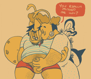 2_penises 4_fingers antennae_(anatomy) anthro anthro_on_anthro arm_hair balls bandage bandage_on_face beard belly_hair black_hair bodily_fluids body_hair bottomwear clothing dialogue diphallism duo eyes_closed eyewear facial_hair fingers genital_fluids genitals glasses hair hairy half-closed_eyes handjob horizontal_diphallism horn hospital_gown insect_wings leg_hair looking_at_another looking_at_partner male male/male male_anthro multi_genitalia multi_penis narrowed_eyes pants parapodium pattern_clothing pattern_shirt pattern_topwear penile penis polka_dot_clothing precum pubes red_bottomwear red_clothing red_pants romantic romantic_couple sex shirt simple_background sitting striped_clothing striped_shirt striped_topwear stripes sweat tail tan_background tan_body tan_skin text tongue tongue_out toony topwear wearing_glasses wings polychaete_(artist) atlas_(milkbubbles) rake_(polychaete) annelid arthropod bee bristle_worm hymenopteran insect ragworm worm 2019 english_text yellow_theme trans_(lore) trans_man_(lore)