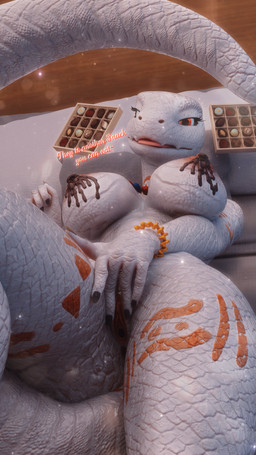 albino anthro anus areola arm_tattoo bed big_breasts black_nails bracelet breasts candy chocolate chocolate_on_breasts colored_nails dessert dialogue female flesh_fang floor food furniture genitals high-angle_view jewelry leg_tattoo looking_at_viewer lying lying_on_bed nails necklace nipples non-mammal_breasts non-mammal_nipples non-mammal_vulva on_back on_bed particles red_eyes scales solo tail talking_to_viewer tattoo text thick_tail thick_thighs thigh_tattoo tilde_after_text tongue tongue_out vulva white_body white_scales wide_hips wood wood_floor mrs_dexie furromantic_(modeler) overlord_(series) crusch_lulu lizard lizardman lizardman_(overlord) reptile scalie 3d_(artwork) 4k 9:16 absurd_res digital_media_(artwork) english_text hi_res