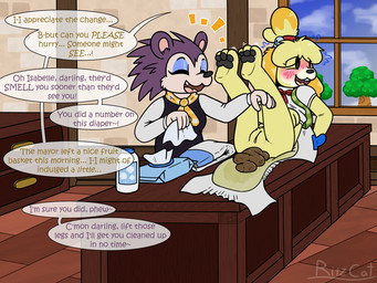 anthro baby_powder baby_wipes black_pawpads blush blushing_profusely bodily_fluids butt clean_diaper clothed clothing cloud color_coded_text desk dialogue diaper diaper_change duo ellipsis emanata eyes_closed feces feces_in_diaper feet female floppy_ears fur furniture genital_fluids genitals legs_up looking_away makeup name_in_dialogue on_desk open_diaper open_mouth orange_body orange_fur pawpads paws plant purple_body purple_fur purple_quills quills_(anatomy) scatplay sky soiled_diaper soles speech_bubble table tan_body tan_fur teeth text tilde_after_text toes tree unclean_diaper urine urine_in_diaper used_diaper vulva watersports wet_diaper window yellow_body yellow_fur ritzcat animal_crossing nintendo isabelle_(animal_crossing) label_able canid canine canis domestic_dog eulipotyphlan hedgehog mammal shih_tzu toy_dog 4:3 artist_name english_text hi_res